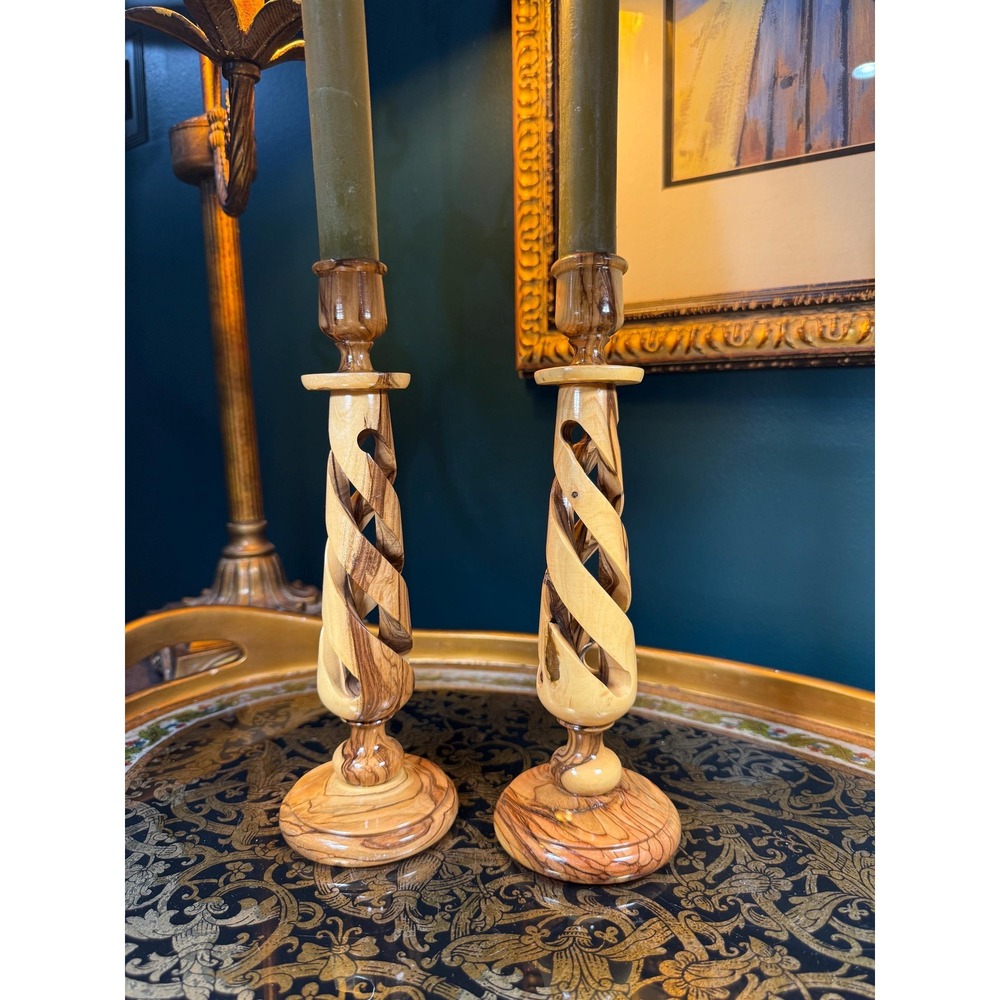Vintage‎ Olive Wood Spiral Candlesticks, 9.5" Pair Hand Turned Taper Holders